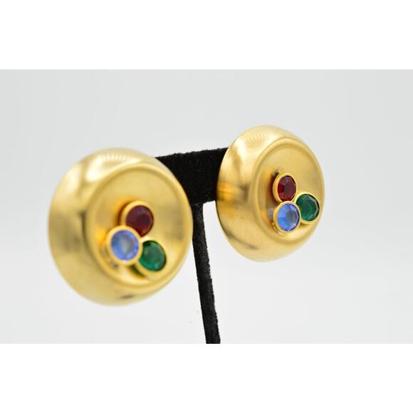 Vintage Crystal Clip Earrings Brushed Gold Rhinestone Chunky USA Signed NOS A21 - Picture 5 of 11